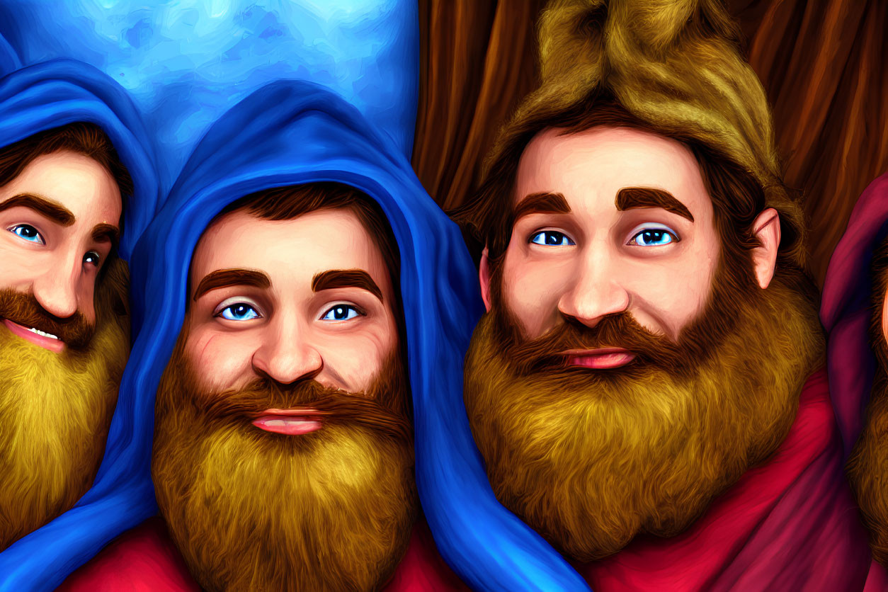Vibrant Illustration of Bearded Characters in Blue Hats and Red Cloaks