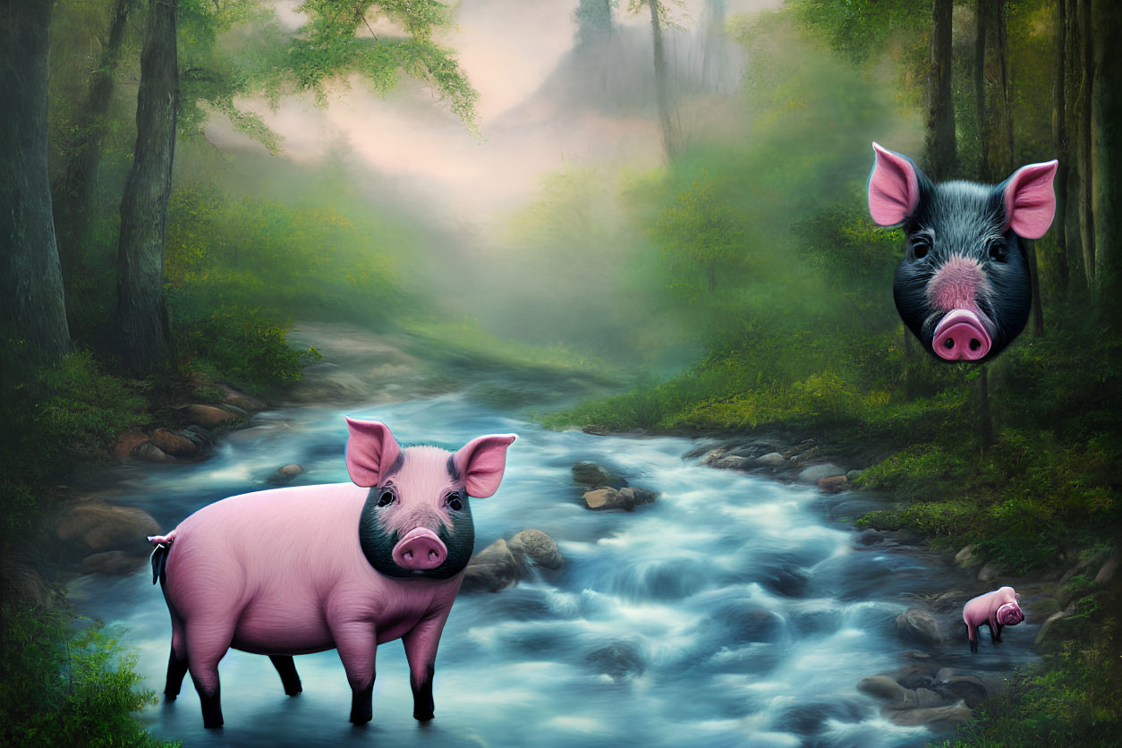 Artwork: Whimsical pigs in misty forest with babbling brook