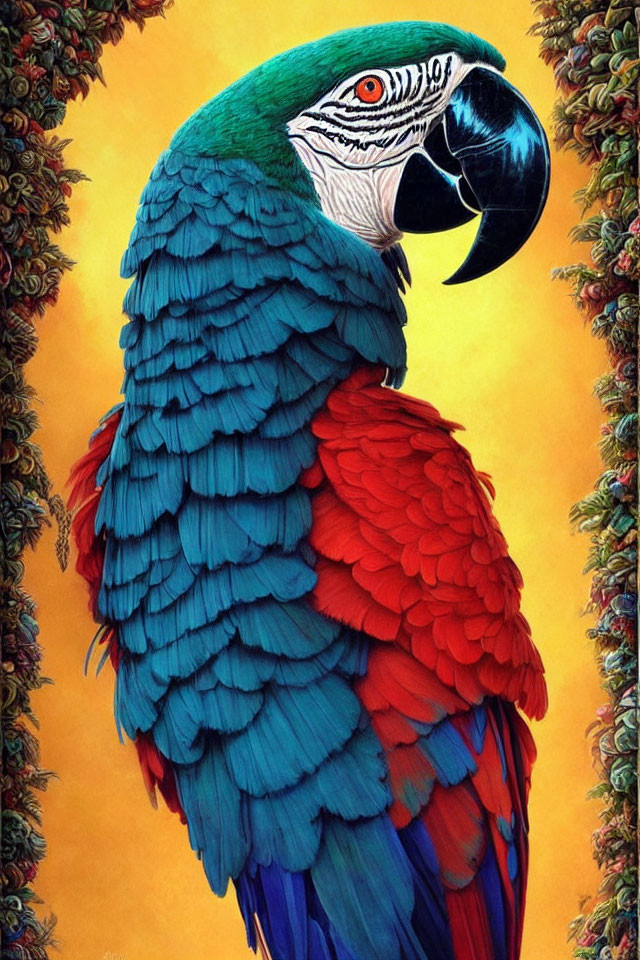Colorful Macaw Parrot Profile on Yellow Floral Background