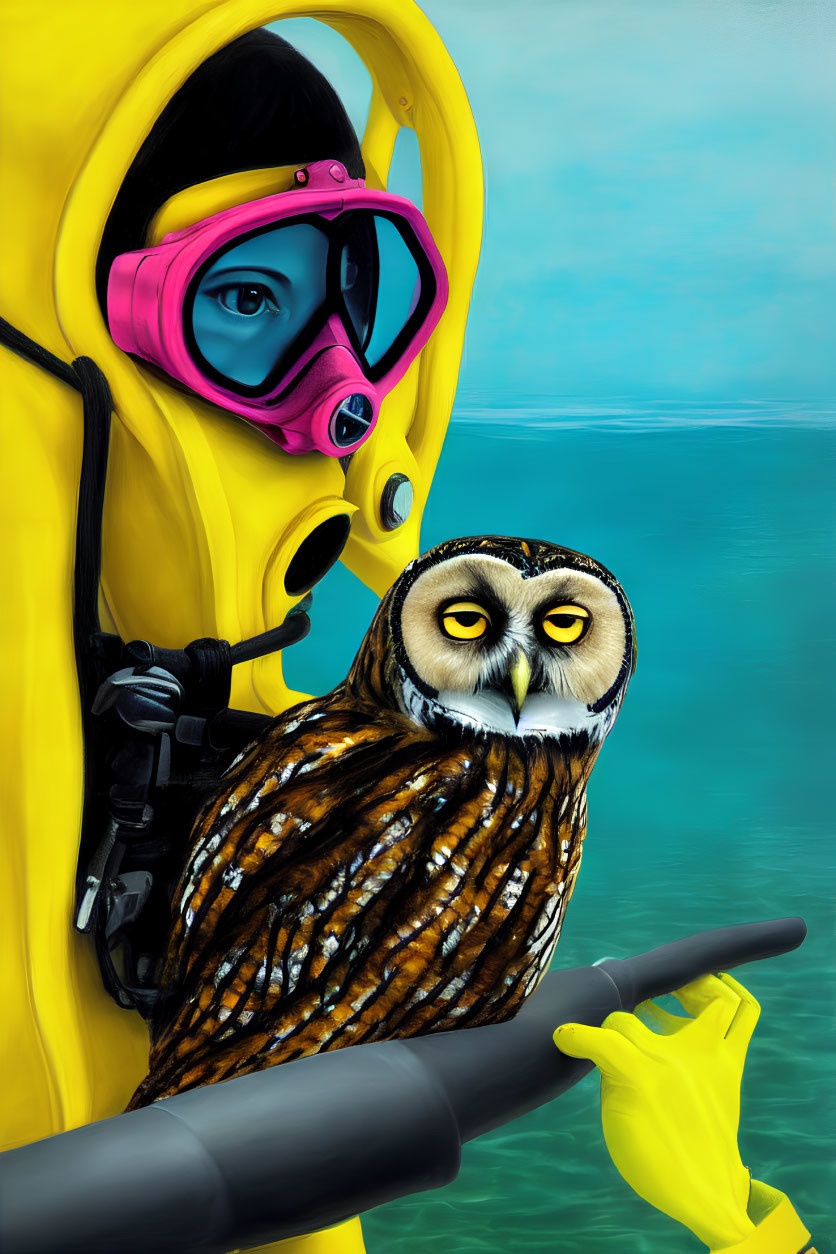 Yellow Diving Suit Figure Holding Owl in Surreal Underwater Scene