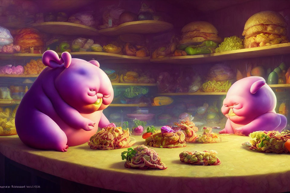 Plump Purple Cartoon Bears Dining in Cozy Room
