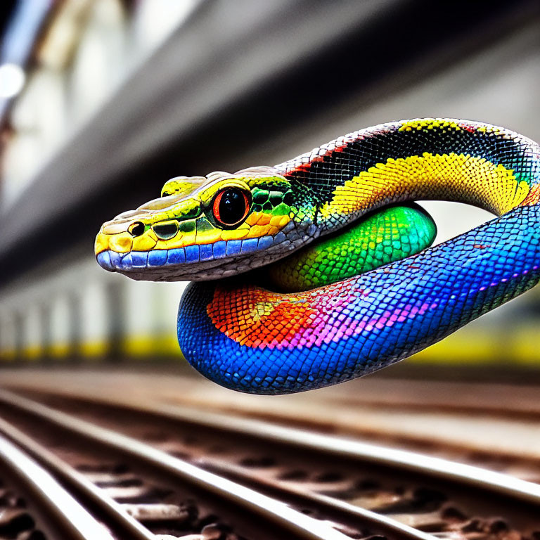 Colorful snake coiled around metal rail in subway setting