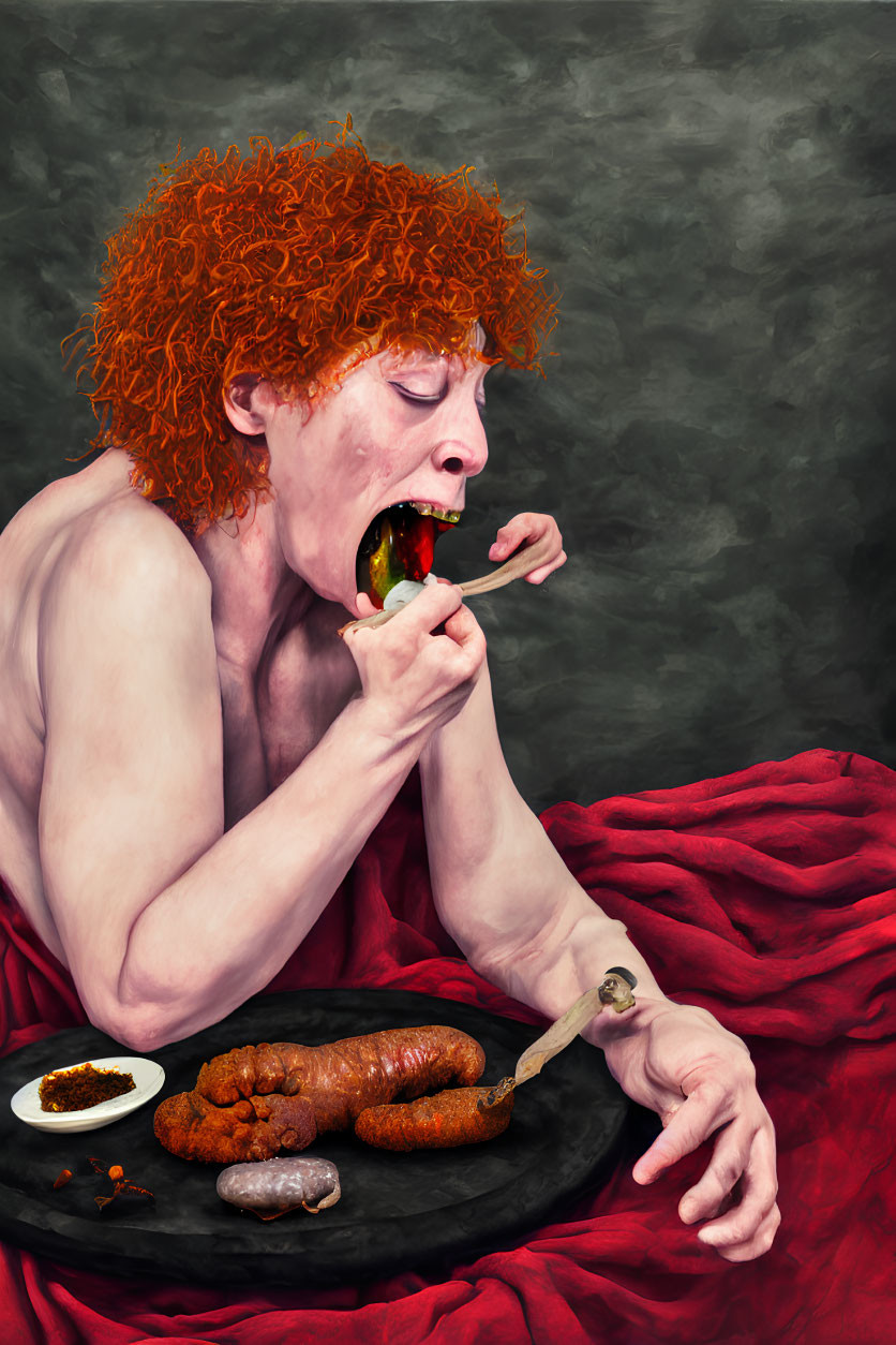 Curly Red-Haired Person Eating Green Pepper at Table with Sausages and Spices