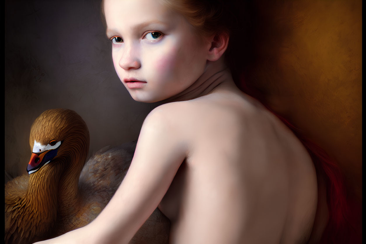 Girl with Bare Shoulders Beside Stylized Duck in Surreal Painting