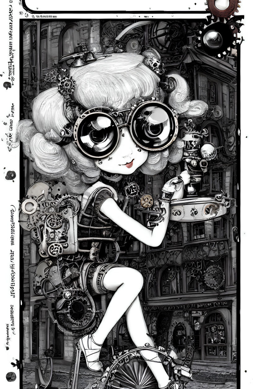 Detailed black-and-white steampunk illustration of a girl with glasses and curly hair