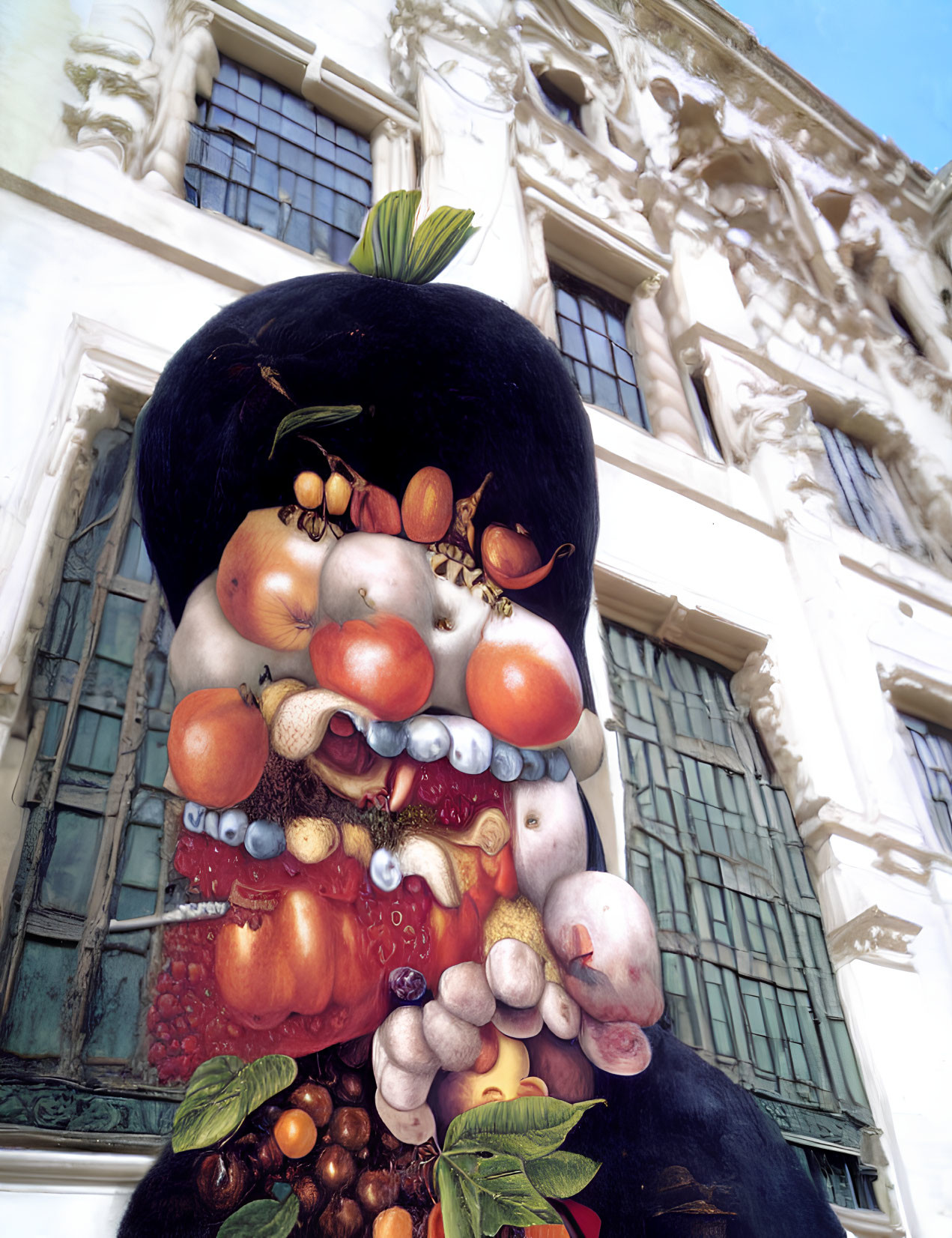 Surreal large fruit head bust in front of classic white building