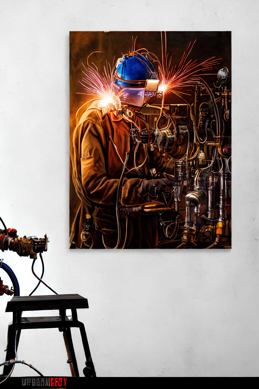 Welder in protective gear with bright sparks on metal equipment, artwork on wall.