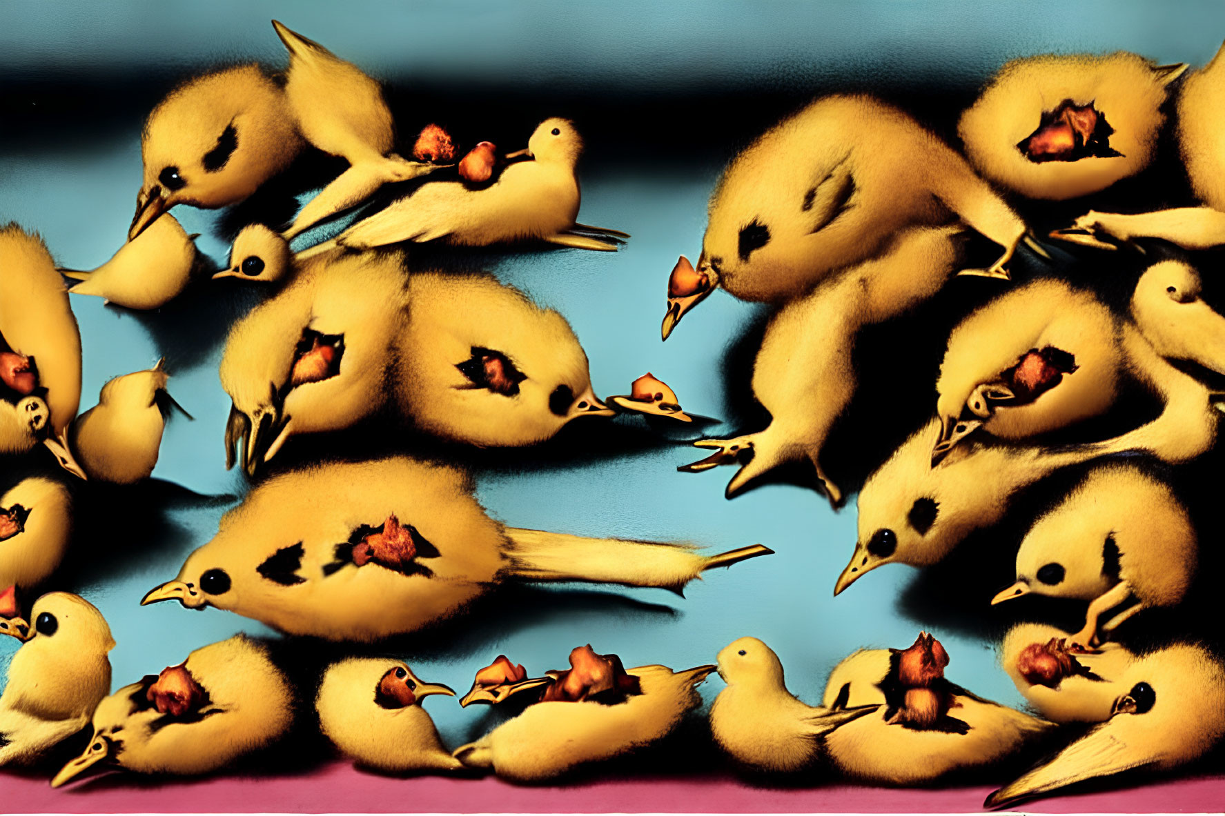 Surreal illustration of multiple yellow chicks with unique features scattered across their bodies