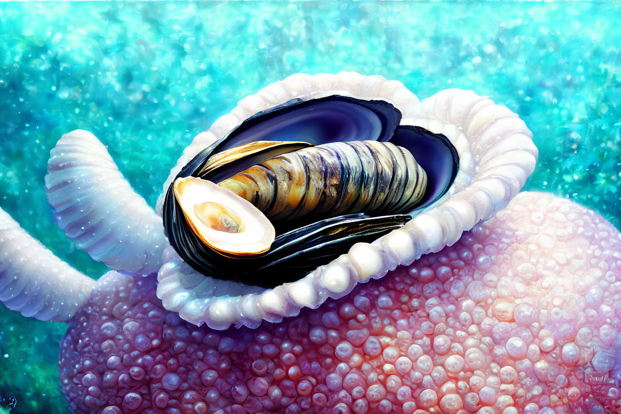 Colorful Pearl Oyster Artwork on Pink Coral and Turquoise Background