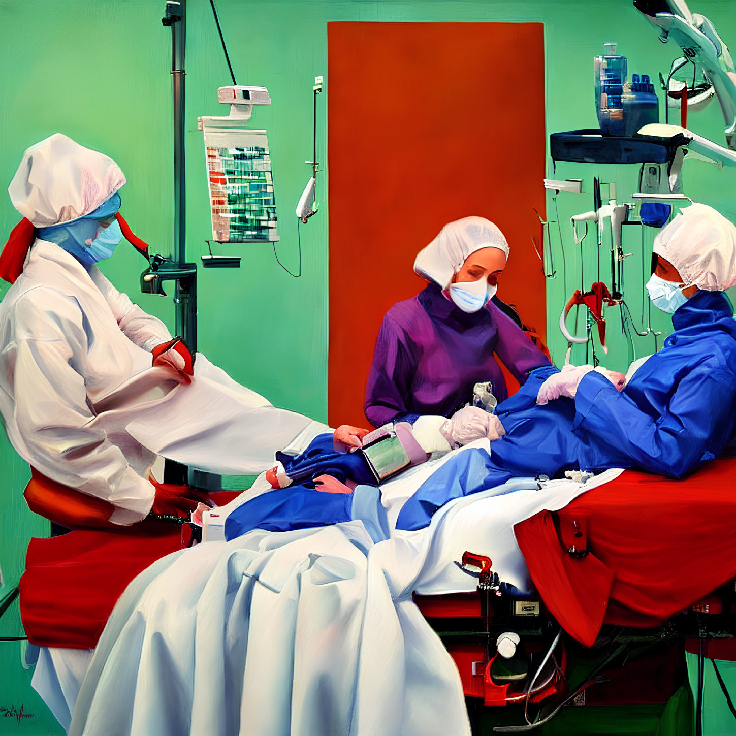 Medical professionals in scrubs and masks attending to patient on operating table