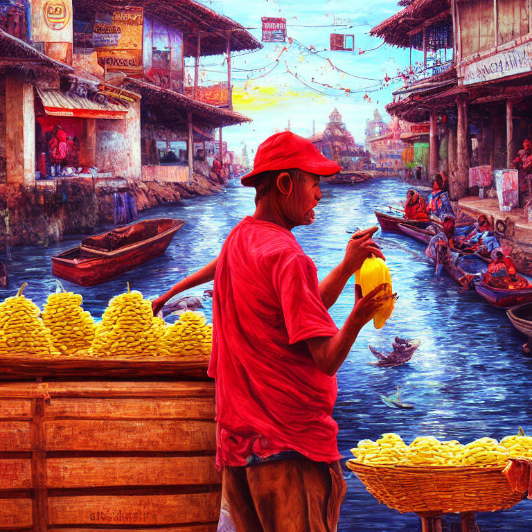 Person in red hat and shirt at bustling river market with bananas-filled boat