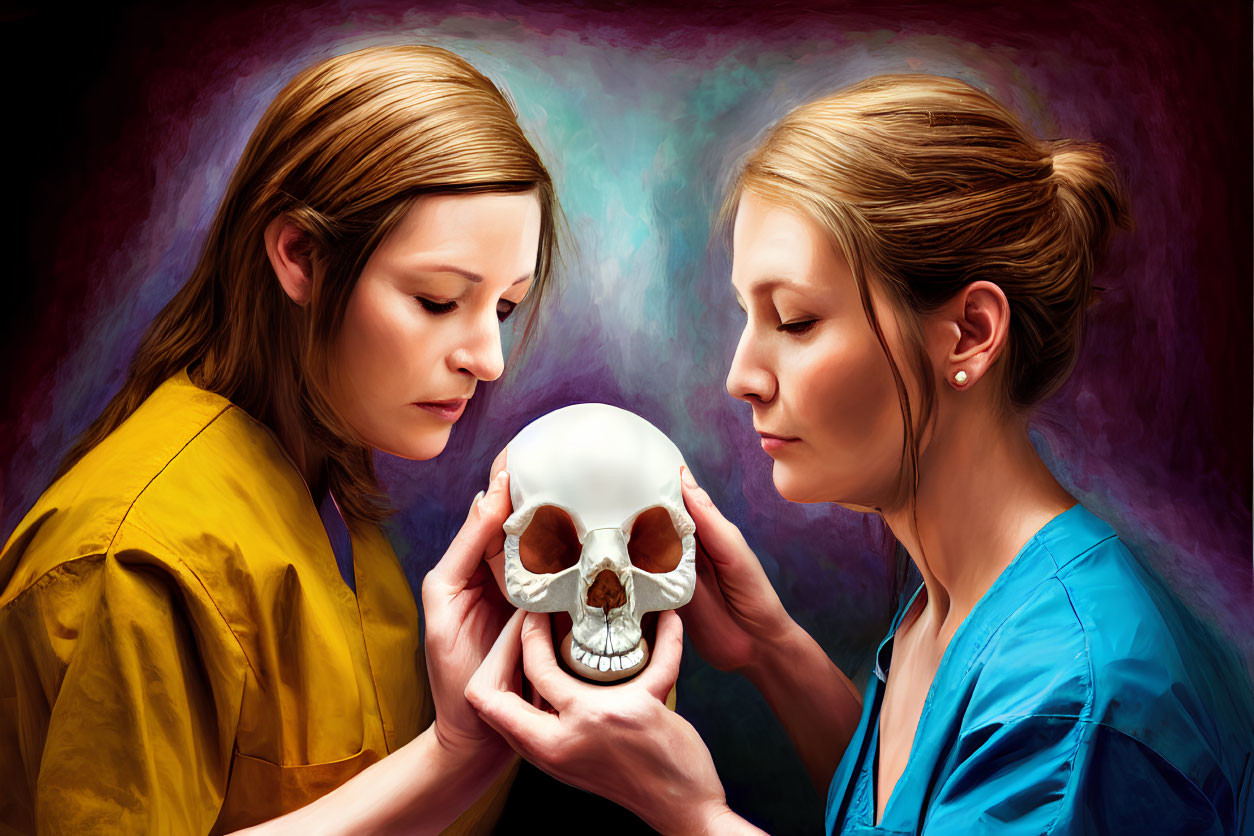 Two Women in Colorful Scrubs Examining Human Skull on Dark Background