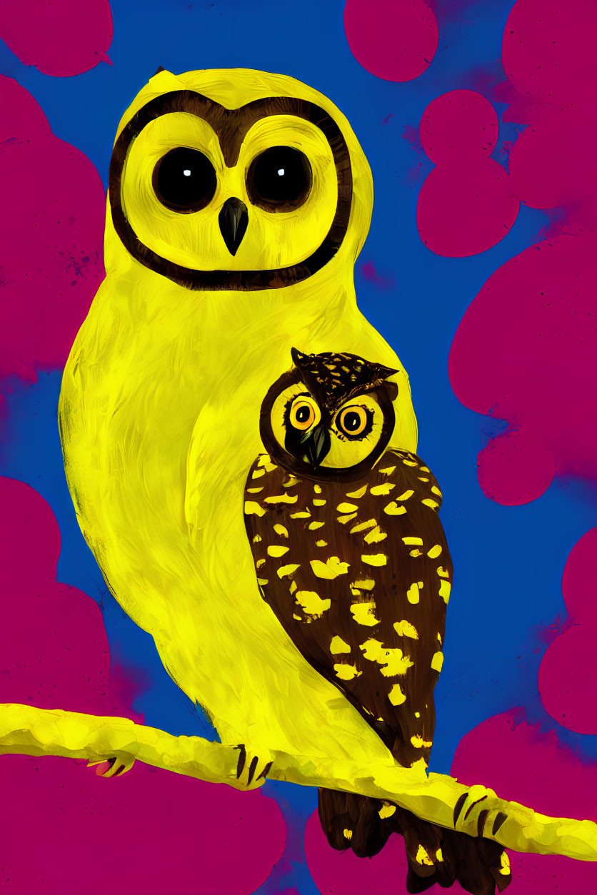 Large Yellow Owl with Small Brown Owl on Branch Against Blue Background