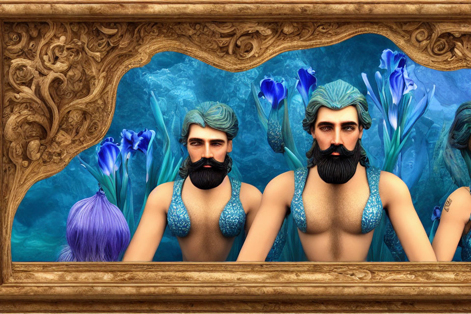 Stylized merman figures with blue beards in ornate golden frame on blue water backdrop