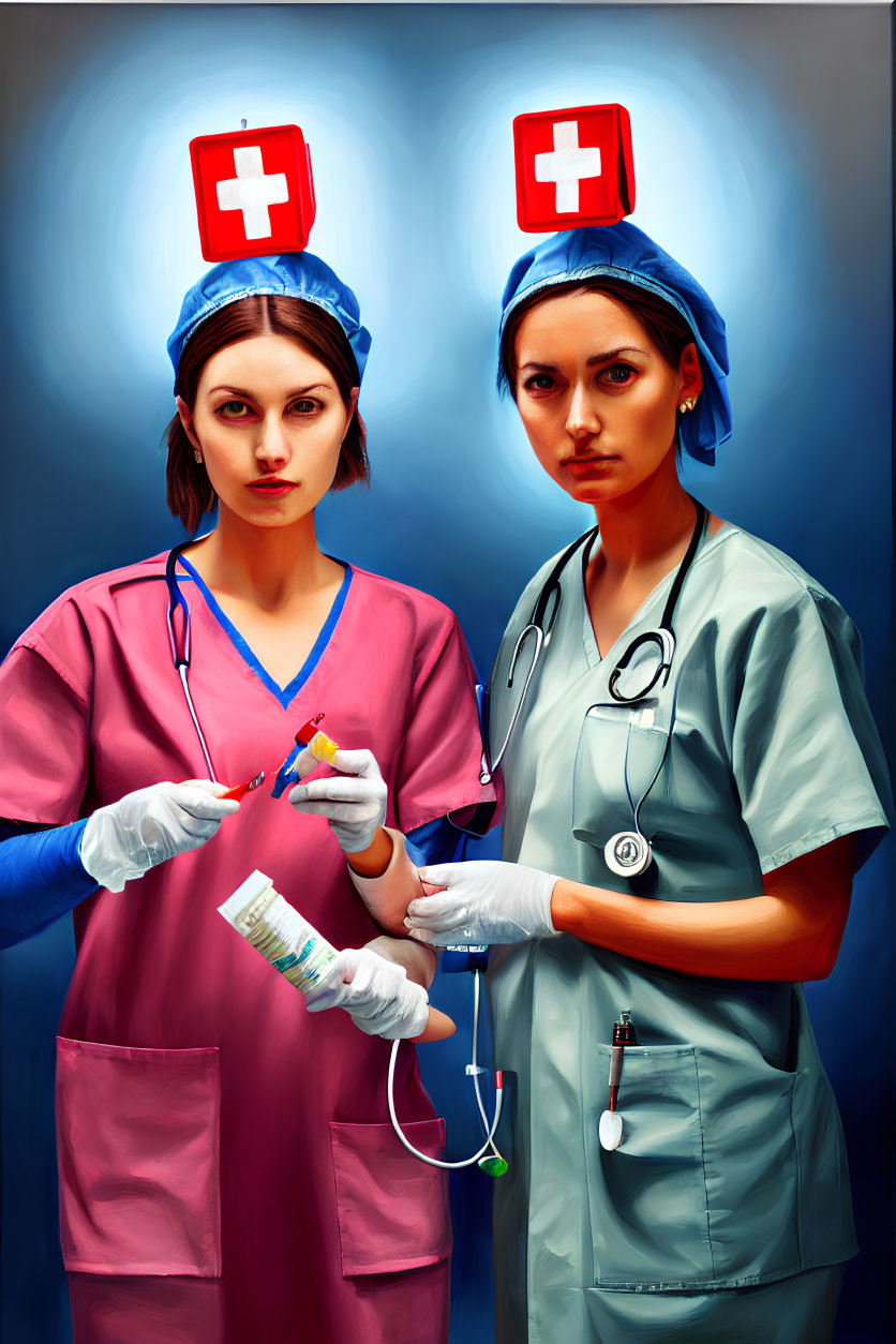 Two female healthcare professionals in scrubs and caps with red cross symbols, one holding a syringe,