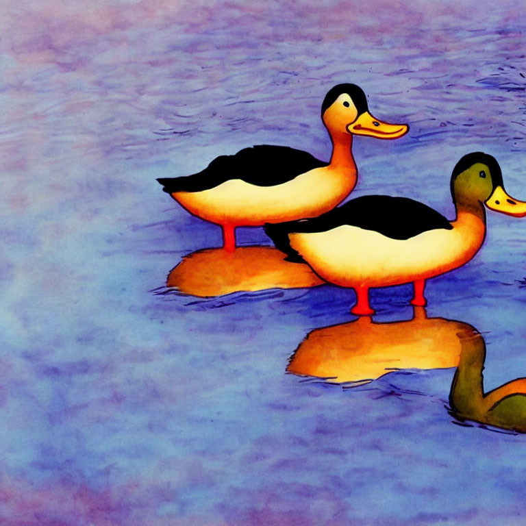 Colorful Cartoon Ducks Floating on Blue Water Surface