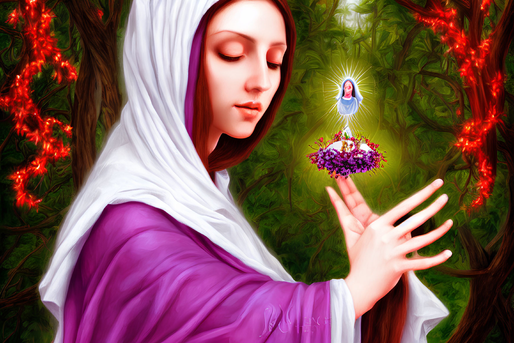 Purple-robed woman gazes at radiant figure in lush garden