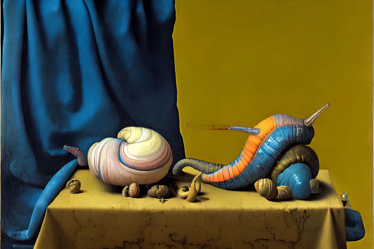 Colorful snails with human-like fingers on blue and yellow backdrop