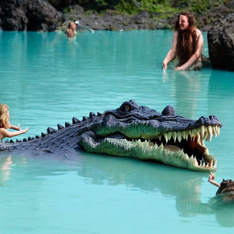 Realistic Crocodile Model in Turquoise Water with People Nearby