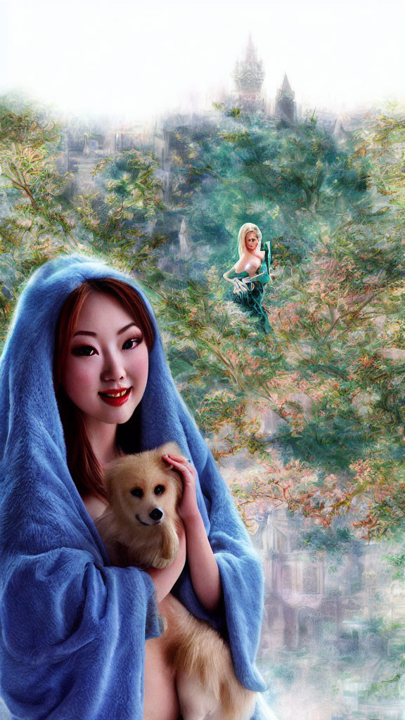 Woman in Blue Cloak Embracing Dog with Fairy in Mystical Setting