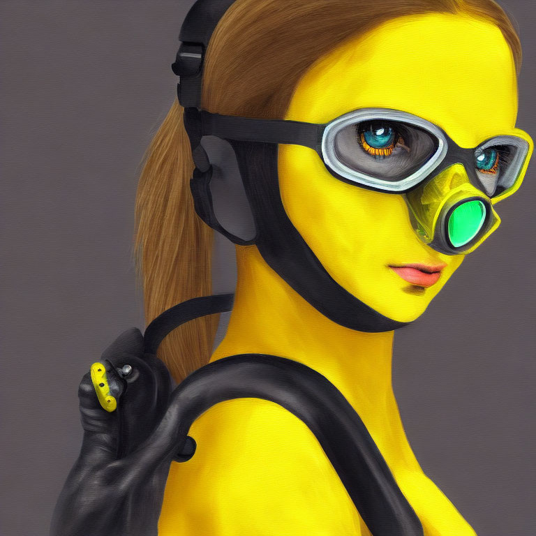 Yellow-skinned person in goggles and headset looks back solemnly