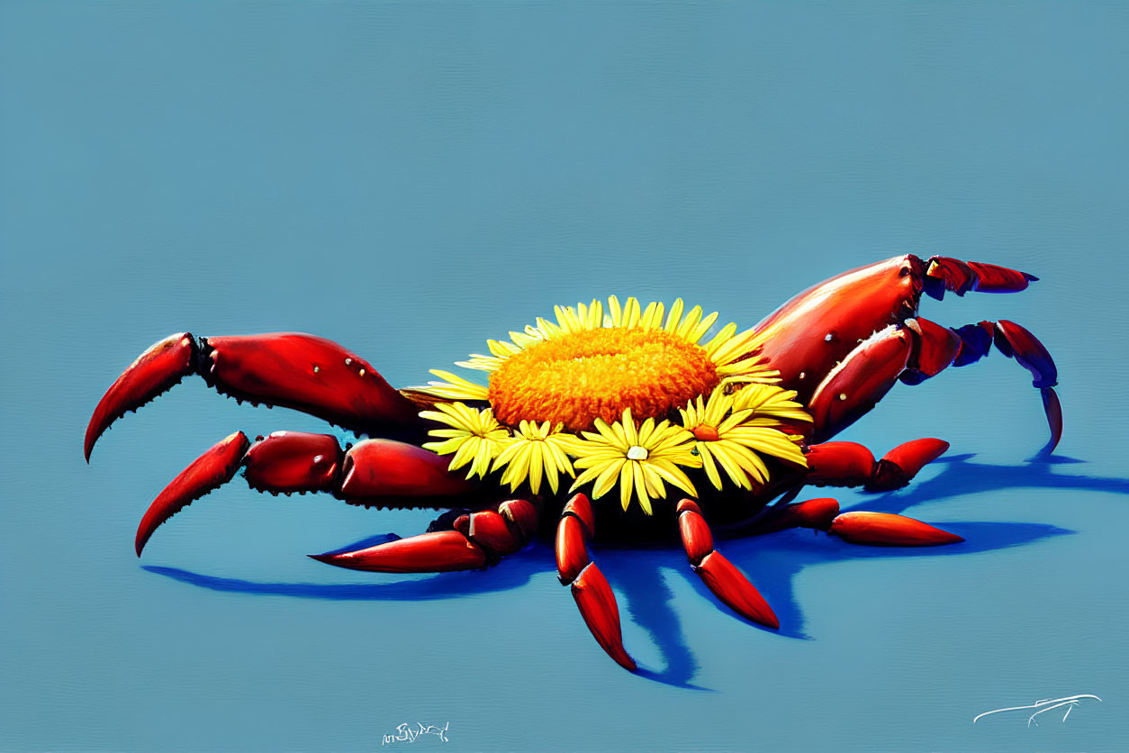 Vibrant red crab with yellow flowers on blue backdrop