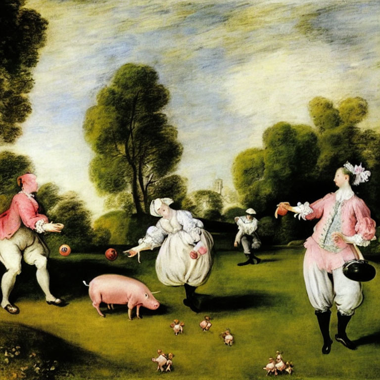 Elegantly dressed figures playing with pigs and piglets in pastoral landscape