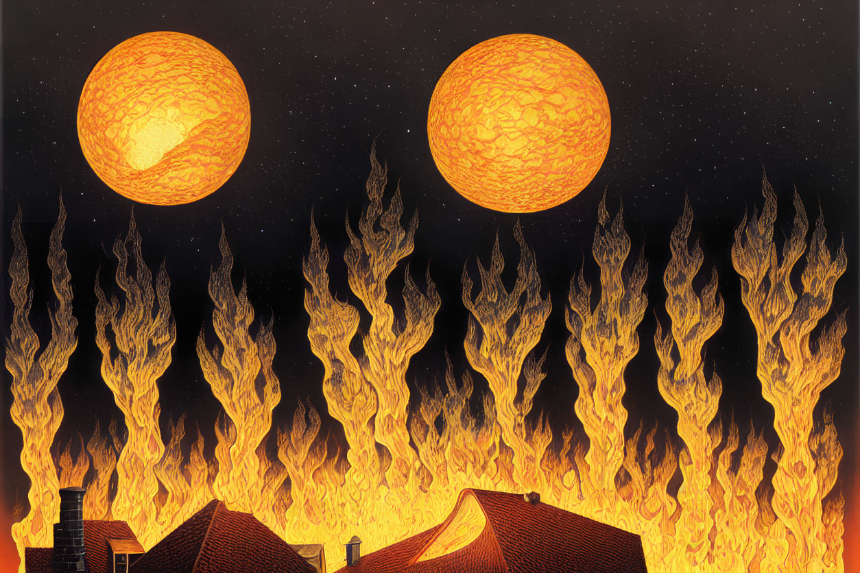 Fiery orbs in starry sky above silhouetted rooftops.
