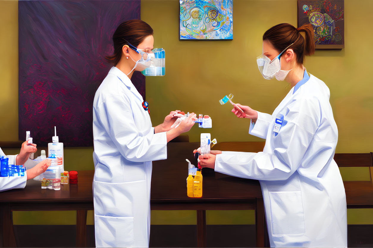 Healthcare professionals in lab coats handling medication bottles and medical supplies