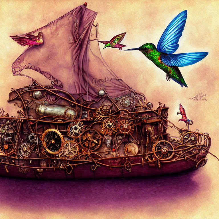 Steampunk-style ship with intricate gears, vibrant hummingbird, and mechanical birds