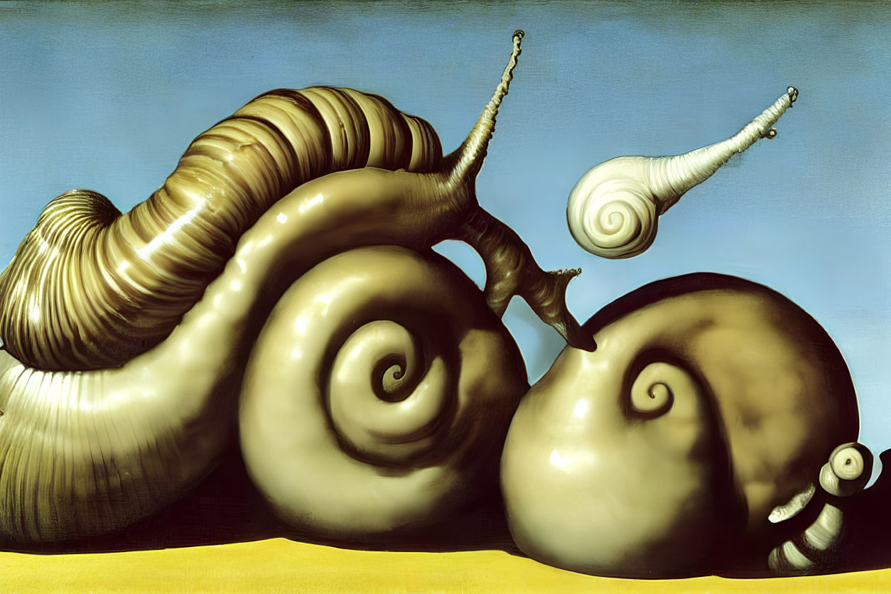Surreal painting: oversized snails against blue sky