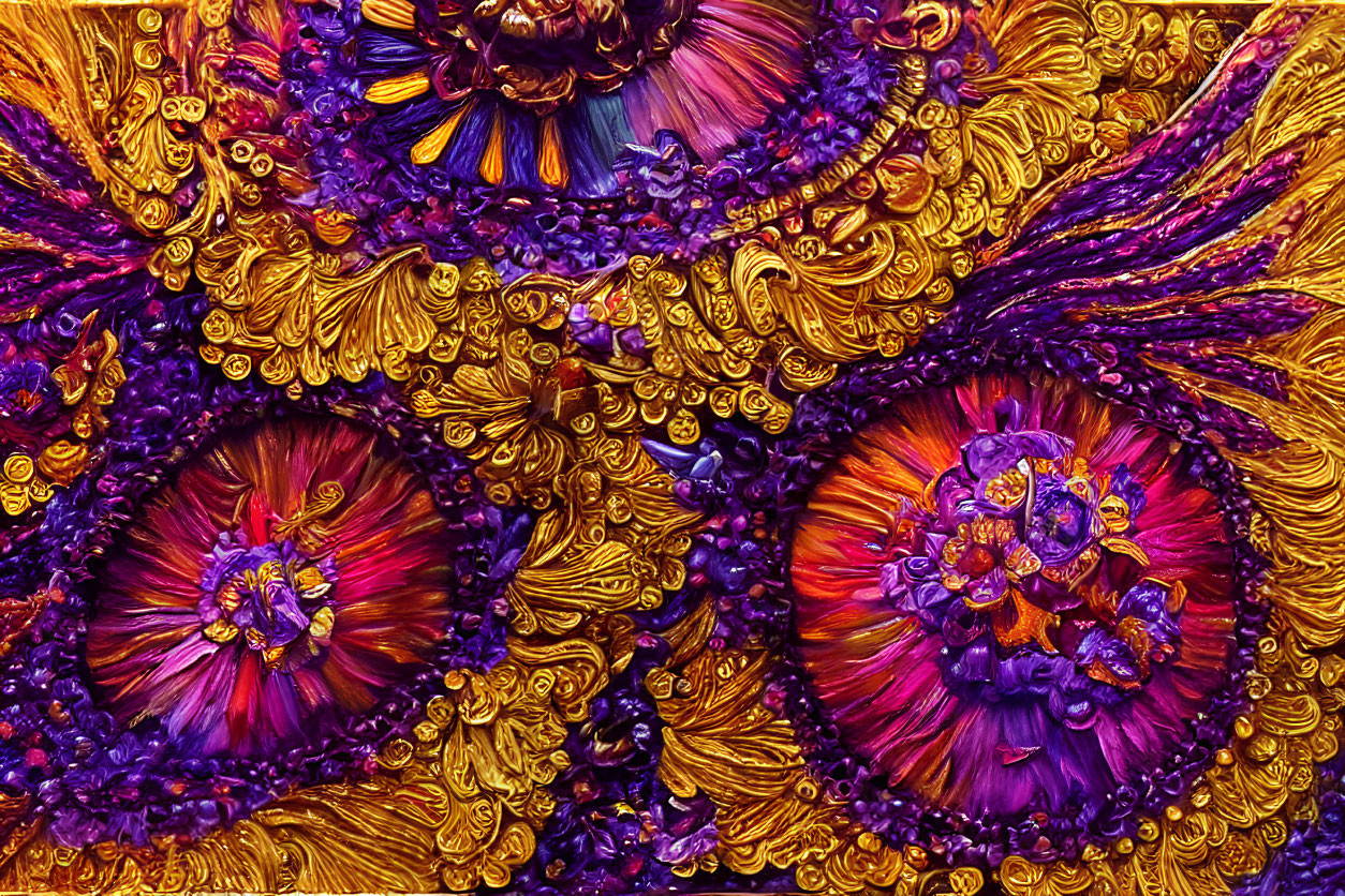Colorful textured image with golden, purple, and red tones resembling floral patterns and peacock feathers