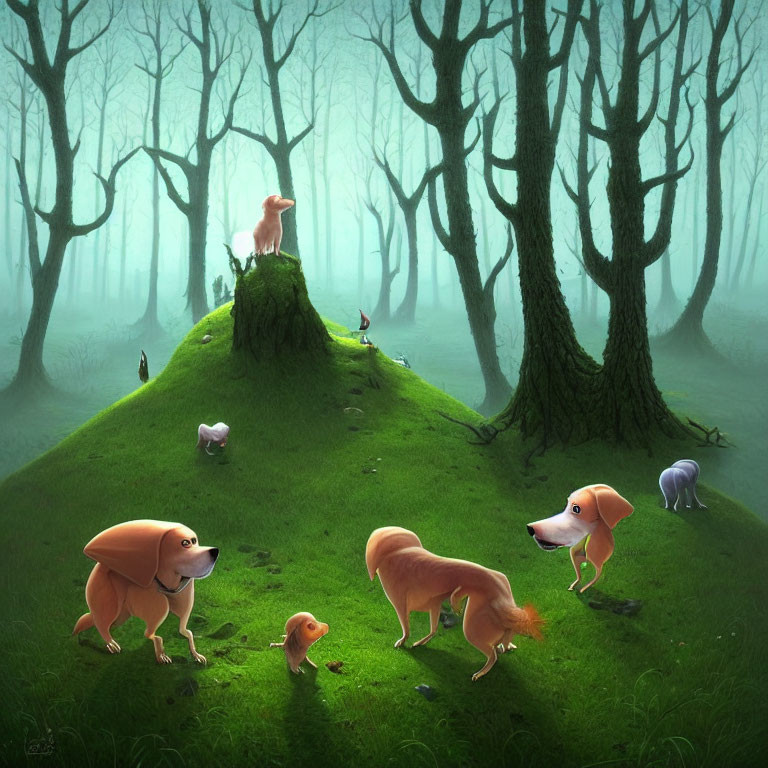 Mystical forest scene with stylized trees and oversized dogs in surreal poses