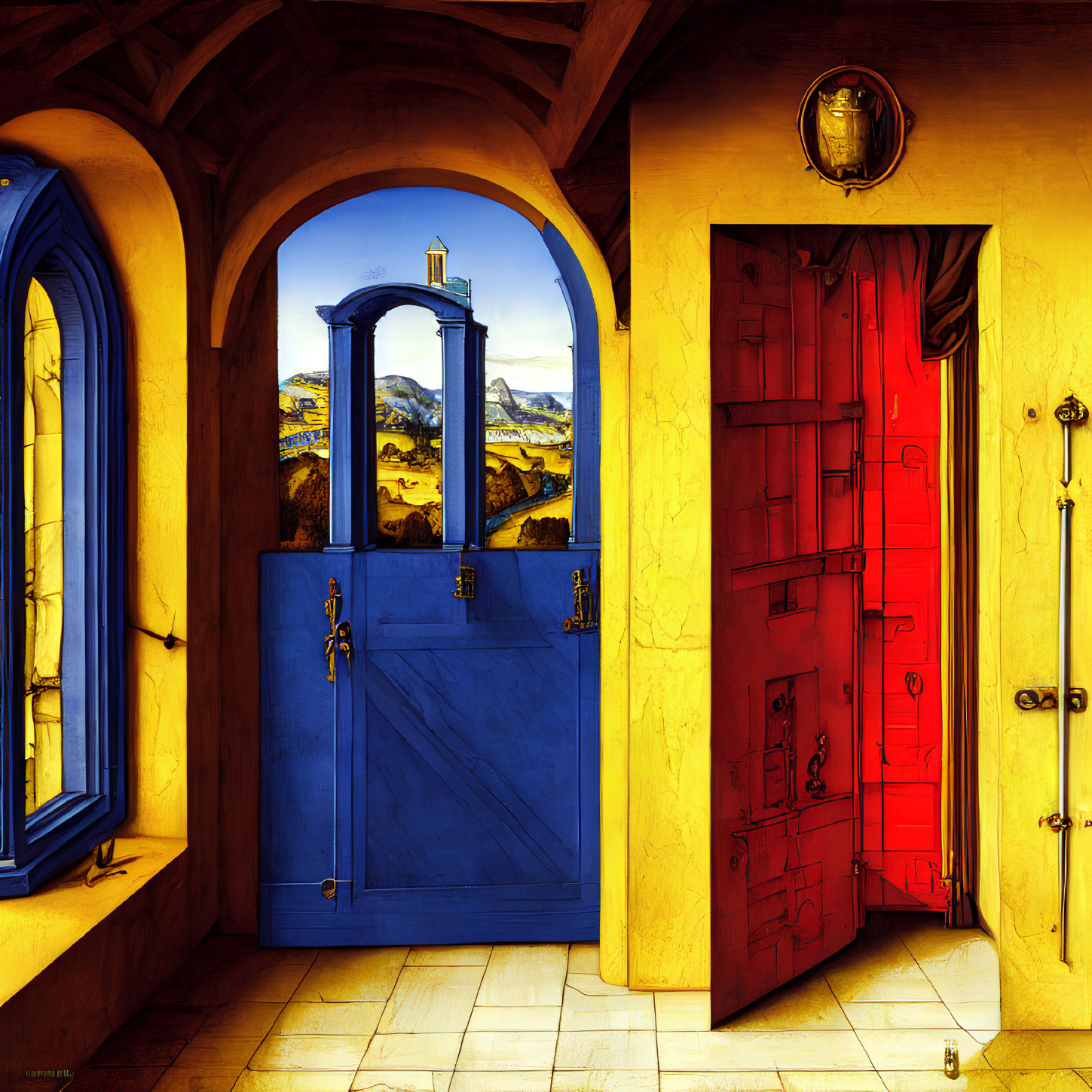 Colorful illustration of room with blue door and red wardrobe
