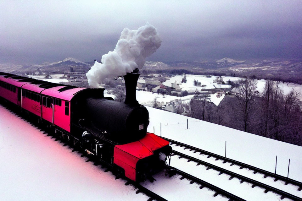 Red train with white smoke in snowy landscape.