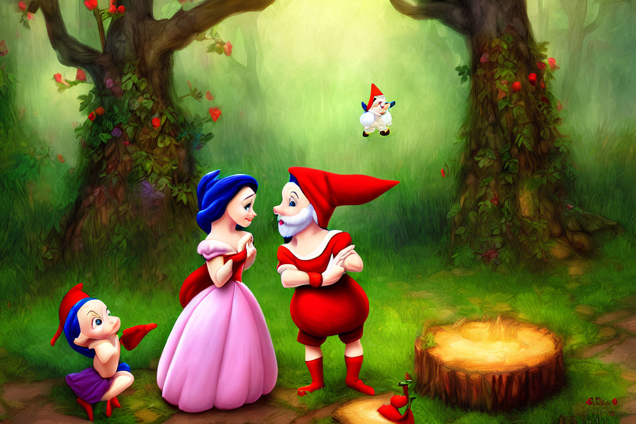 Snow White talks with two dwarfs in enchanted forest, with third dwarf leaping joyfully amidst lush