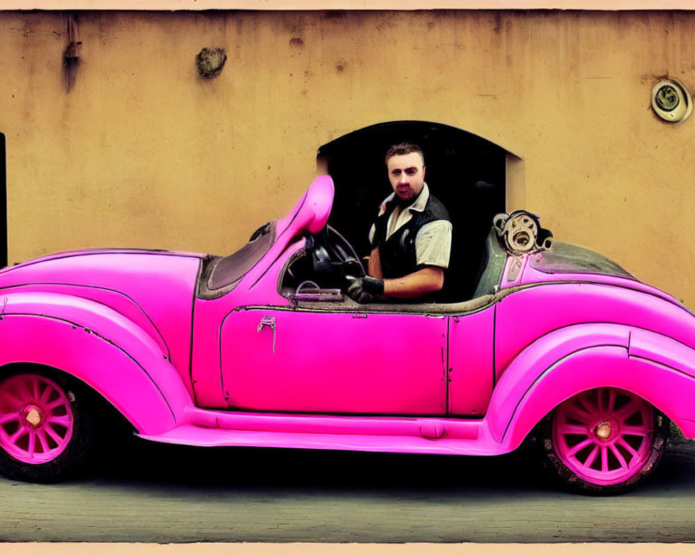 Vintage Outfit Man in Bright Pink Classic Car by Beige Building