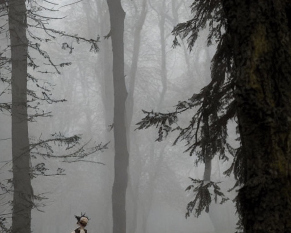 Person in Red Skirt and Deer Headpiece in Misty Forest