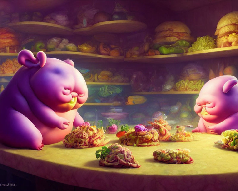 Plump Purple Cartoon Bears Dining in Cozy Room