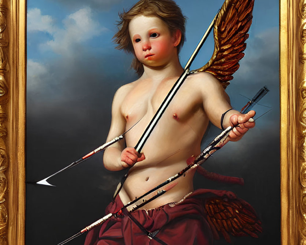 Classical painting of Cupid with bow and arrow in ornate frame