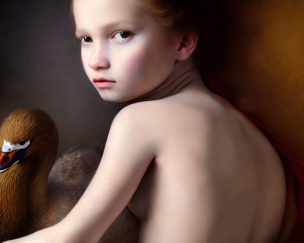Girl with Bare Shoulders Beside Stylized Duck in Surreal Painting