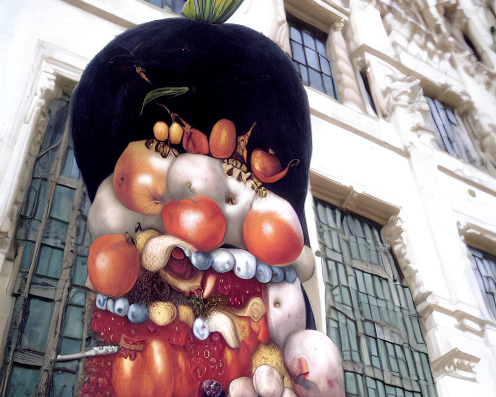 Surreal large fruit head bust in front of classic white building