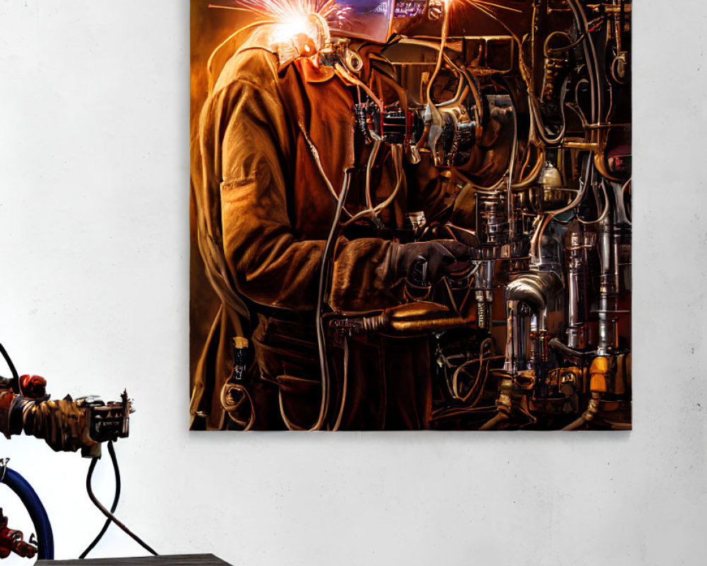 Welder in protective gear with bright sparks on metal equipment, artwork on wall.