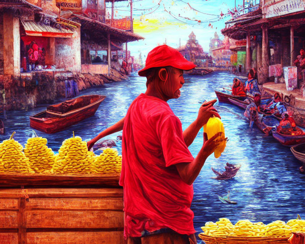 Person in red hat and shirt at bustling river market with bananas-filled boat