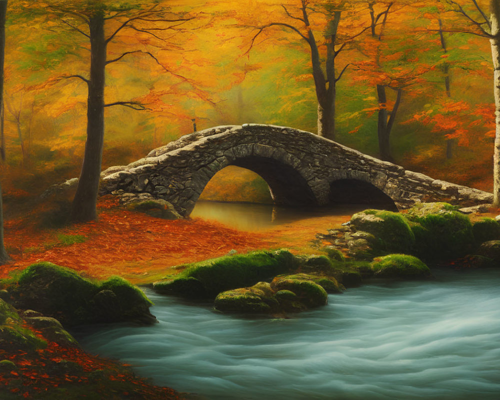 Stone bridge over serene stream in vibrant autumn forest