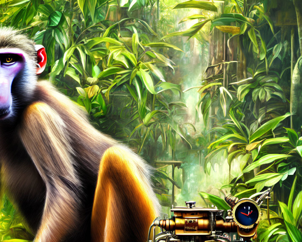 Colorful Mandrill Illustration with Brass-Engine Machine in Jungle