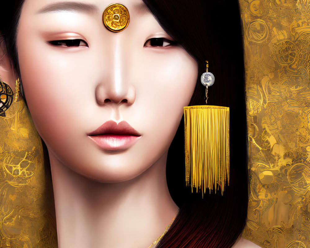 Asian woman digital portrait with gold pattern background, red ombre hair, forehead ornament, and t