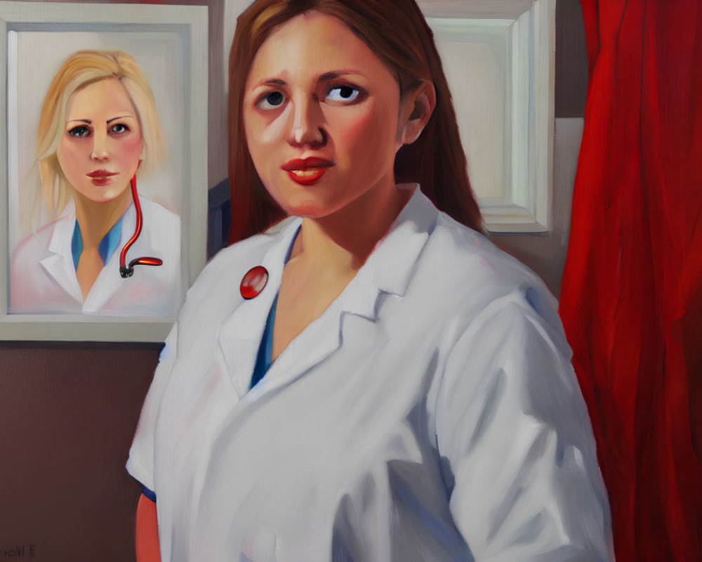 Portrait of Woman in White Lab Coat Against Red Backdrop