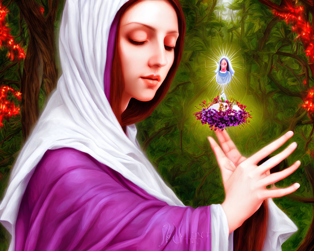 Purple-robed woman gazes at radiant figure in lush garden