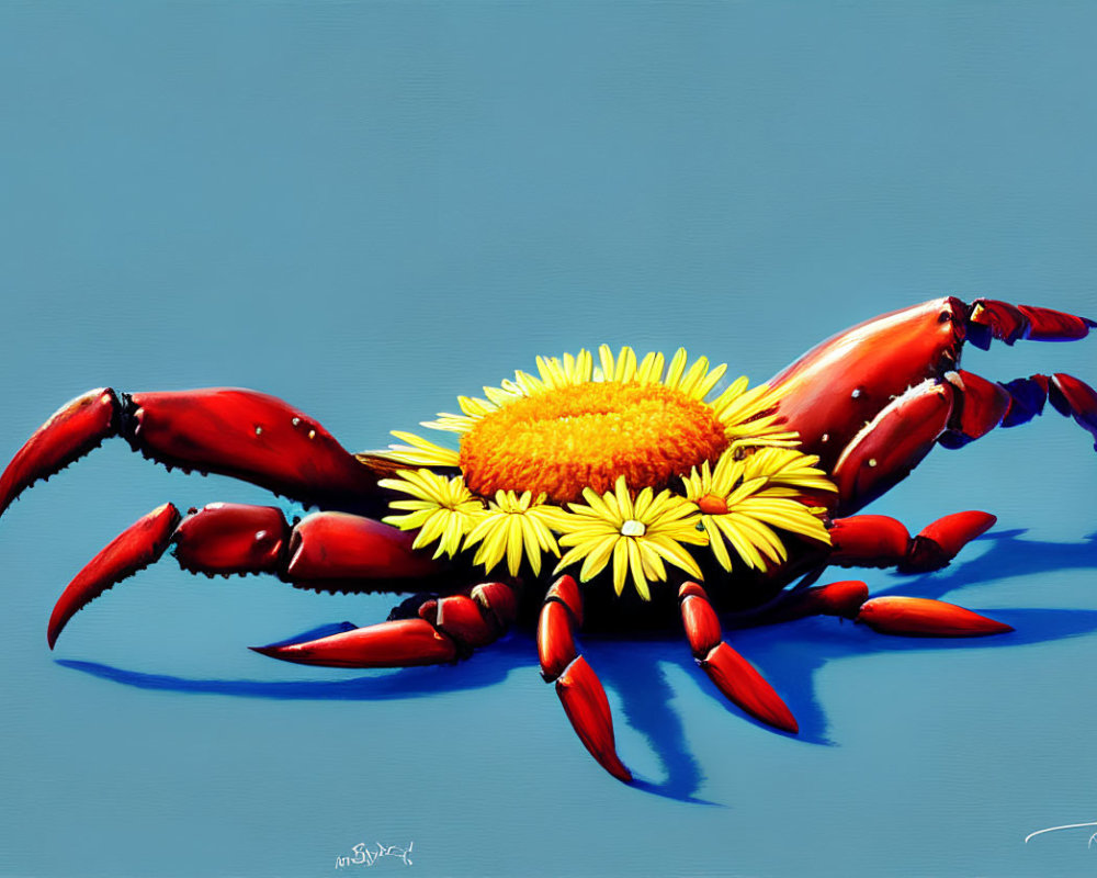 Vibrant red crab with yellow flowers on blue backdrop